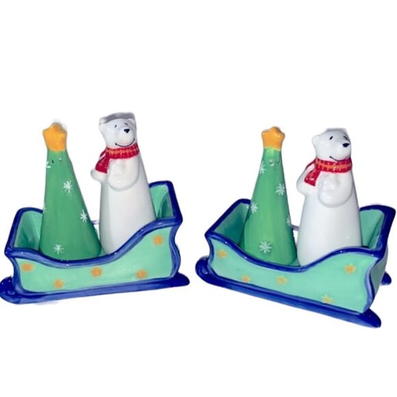 JAN Pashley Salt & Pepper Shakers Christmas Holiday Vintage 2 sets with Sleigh - Picture 1 of 8